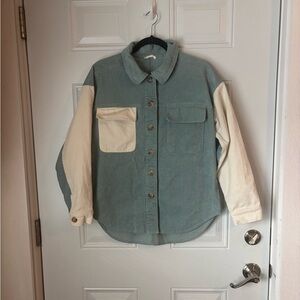 Corduroy Button-Down Shirt Jacket in Sage and Cream